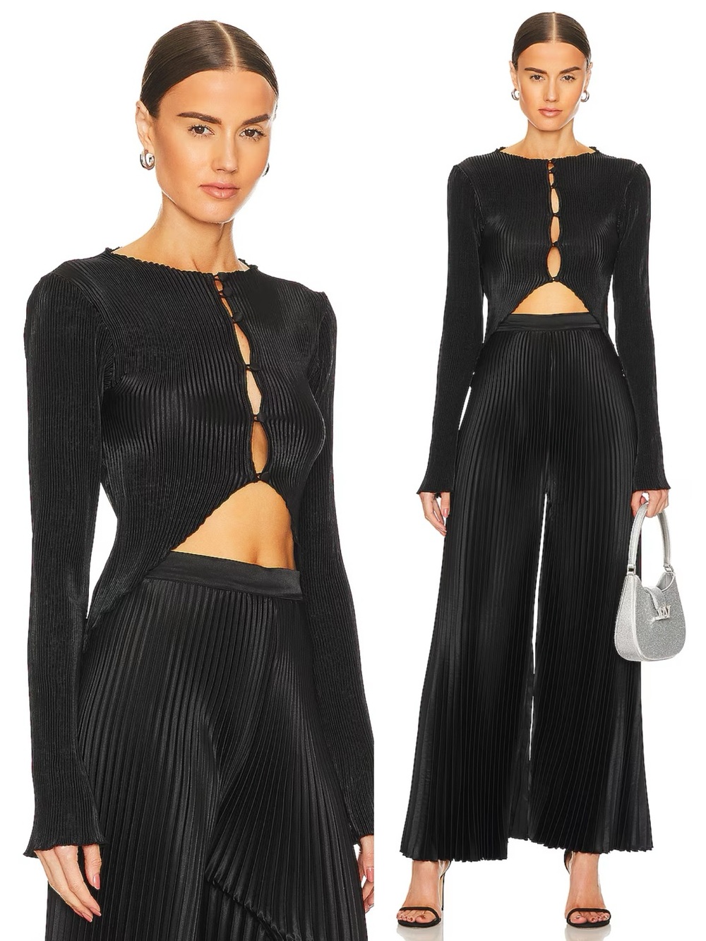 L’IDÉE • La Drame Top black plissé pleated satin keyhole cutouts high low